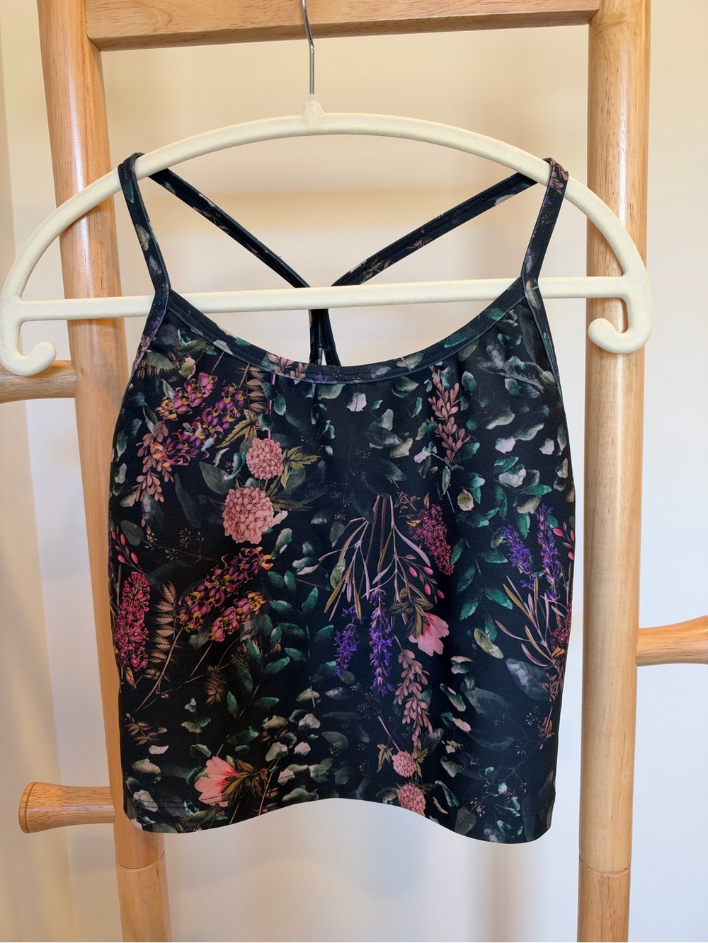 Beyond Yoga Black Floral Crossback Cami with Purple & Pink Accents
